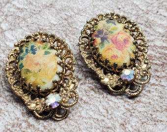 Vintage West German "Sugar" Victorian Revival Clip on earrings in brass toned settings.