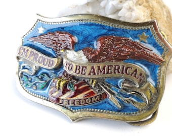 Vintage 1984 I'm Proud to be American Freedom Brass & Enamel Belt Buckle by Great American Buckle Co. Screaming Eagle.