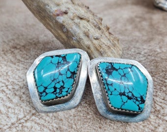 Signed Vintage Rose Chee Kingman Turquoise & Sterling Silver Earrings. 11g. Pierced. R.Chee with Arrow hallmark. Navajo.