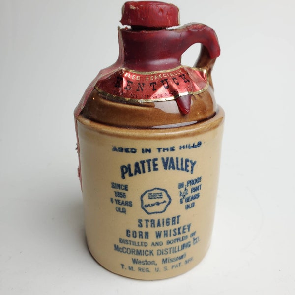 1969 Platte Valley Straight Corn Whiskey stoneware junior Jug made for Kentucky by McCormick Distilling in Missouri with federal tax stamp