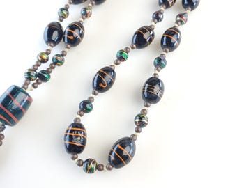 Vintage Art Nouveau Style Italian Glass Bead Necklace.  Murano Style. Hand Knotted with glass & brass beads.