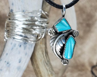 Signed Vintage  Nelson Eustice Cochiti Zuni Turquoise & Sterling Silver Pendant. 3.2g.