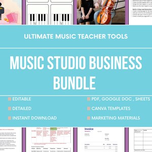 May include: A collage of images promoting a music studio business bundle. The images include piano lessons, key cards, music notation, and business templates. The text "ULTIMATE MUSIC TEACHER TOOLS" and "MUSIC STUDIO BUSINESS BUNDLE" is displayed in a large font.