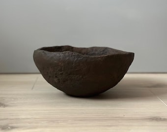 Paper Mache Bowl, Medium Vessel, Dark Brown Textured Bowl, Wabi Sabi, Unique Gift, Organic decor, Handmade, Statement Piece, Hand sculpted