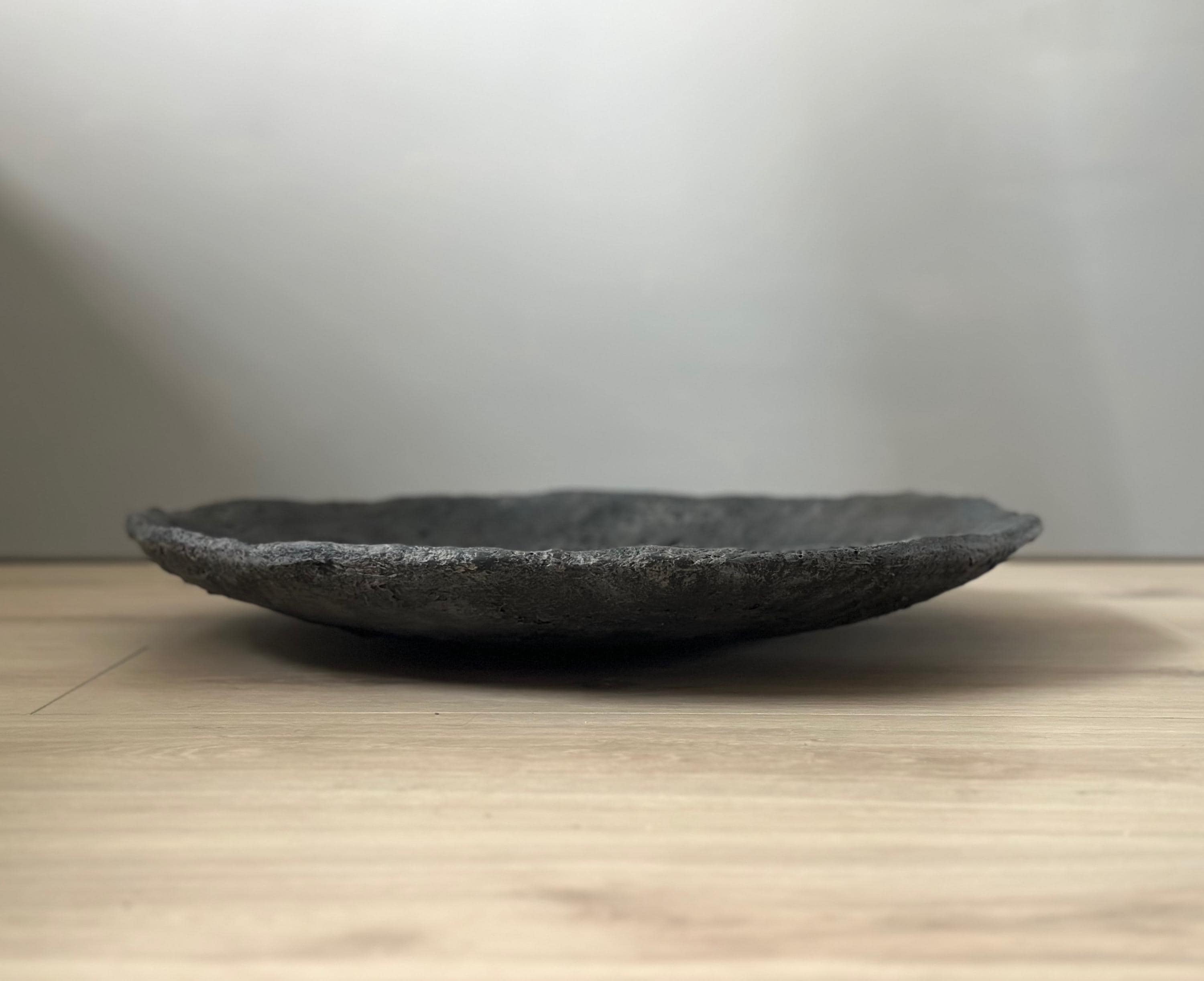 Paper Mache Bowl 19", Extra Large Shallow Vessel, Low Coffee Table Bowl, Aged Black Textured, Organic, Wabi Sabi, Handmade, Statement Decor