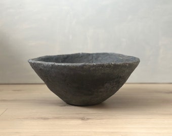 Paper Mache Bowl, Large Vessel, Aged Black Color, Textured Wabi Sabi, Indian Style Bowl, Organic, Handmade, Neutral Decor, Sustainable