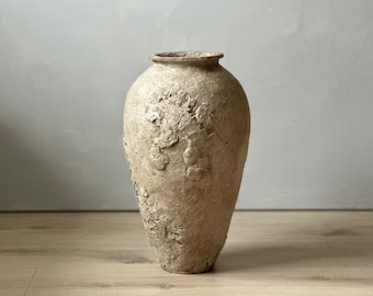 Paper Mache Vase, Large Handmade Vessel, Aged Grey Beige Urn Style, Unique Gift, Wabi Sabi, Statement Piece, Sustainable, Neutral Organic