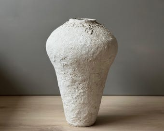 Paper Mache Sculpture, Large Handmade Vessel, Aged White Vase, Unique Gift, Wabi Sabi, Statement Piece, Sustainable, Neutral Organic decor