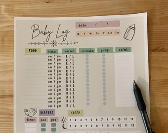 Könnte beinhalten: Ein druckbares Baby-Logbuch mit Abschnitten für Essen, Windeln und Schlaf. Das Logbuch enthält Platz zum Aufzeichnen von Zeit, Stillen, Formel, Pumpe, Unzen, Pipi, Kacka und benötigten Utensilien. Das Logbuch enthält auch einen Kalender zur Verfolgung der Wochentage.