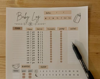 May include: A printable baby log with sections for food, diapers, and sleep. The log includes spaces to record time, nurse, formula, pump, ounces, pee, poo, and hours of sleep. The log also includes a section for supplies needed and notes.
