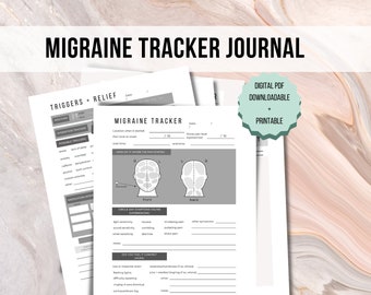 May include: A printable migraine tracker journal with sections for triggers, relief, and migraine location. The journal includes a diagram of the head to track pain location.
