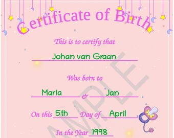 Keepsake Personalized Birth Announcement Certificate in Afrikaans or English,new mom gift,decor,printable,babyshower