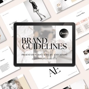 May include: A digital presentation template for brand guidelines with the text "BRAND GUIDELINES" and "PRESENTATION (16:9) 47 PAGES EASY TO EDIT @AYLINEROGLUSTUDIO" on a black tablet screen. The tablet is surrounded by white pages with text and images.