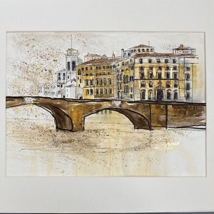 May include: A watercolor painting of a bridge over a river with buildings in the background. The buildings are yellow and have red roofs. The bridge is brown and has arches. The water is a light brown color.