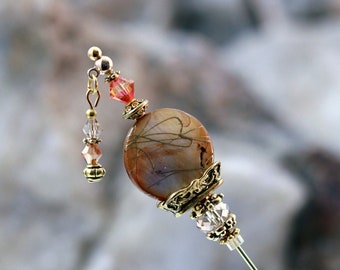 Golden Shell Hat Pin with Dangle - European Crystal Accents and Gold Plated Details - Ladies Stylish Hatpin or Stickpin