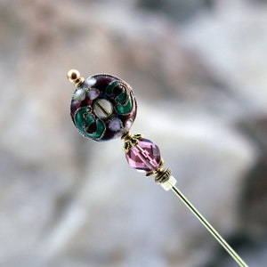 Plum Purple Cloisonne Hat Pin with Faceted Glass - Choose Length - Ladies Hatpin with Clutch End