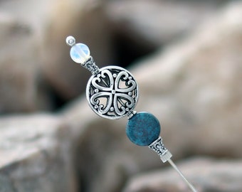 Goldstone and Aqua Customizable Hat Pin with Silver Plated Cut Out Bead - Womens Fashion Accessory