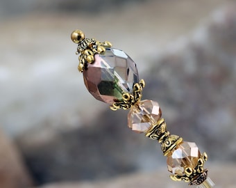 Vintage Style Shimmering Glass Hatpin with Gold Plate, Long Womens Hat Pins with Safety Cap, You Choose The Length