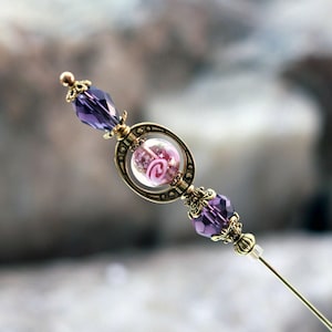 Violet and Pink Lampwork Glass Hatpin with Purple Crystals, Choose Your Length, Hat Pins or Stick Pins for Hats, Coats or Scarfs afbeelding 2
