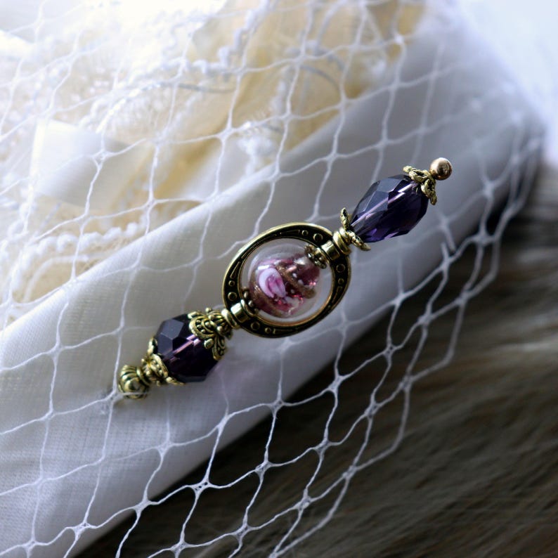Violet and Pink Lampwork Glass Hatpin with Purple Crystals, Choose Your Length, Hat Pins or Stick Pins for Hats, Coats or Scarfs afbeelding 3