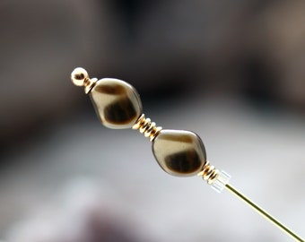 Premium Brown Faux Pearl Hat Pin with Gold Accent - Womens Hatpin in Your Choice of Length