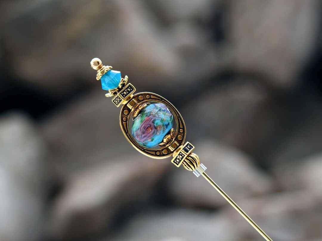 Hat Pin Teal Blue Lampwork Glass and Crystal Hatpins You Choose the