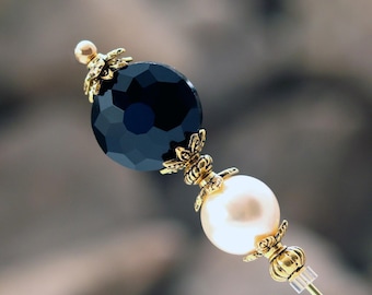 Black Faceted Glass and Cream Pearl Hat Pin in Custom Lengths, Classic Design Hatpins or Stick Pins for Womens Hats, Scarves or Coats