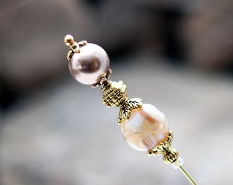 Mother of Pearl Beaded Hat Pin with Premium Bronze Faux Pearl, You Choose The Length, Hatpins as Hat Accessories