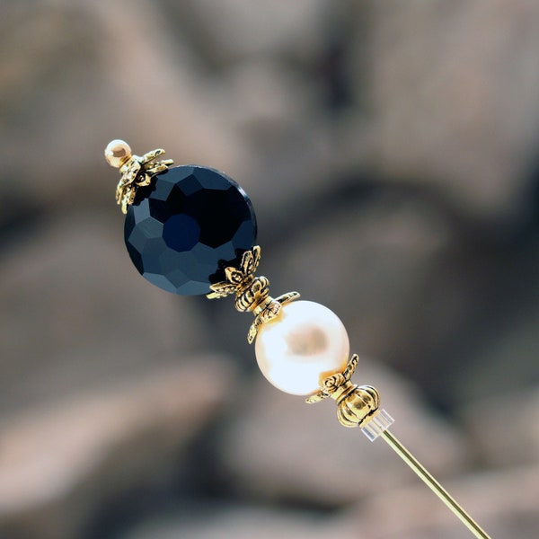 Classic Style Black Faceted Glass and Cream Pearl Hat Pins - Custom Length Hatpins for Womens Hats, Scarves or Coats