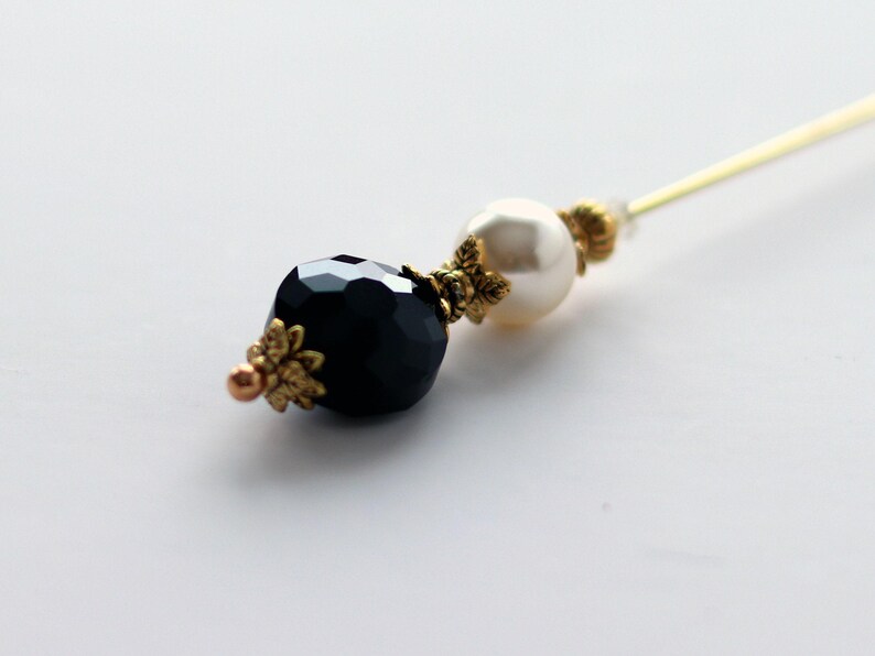 Black Faceted Glass and Cream Pearl Hat Pin in Custom Lengths, Classic Design Hatpins or Stick Pins for Womens Hats, Scarves or Coats immagine 3