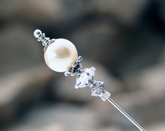 Cream Pearl and Clear Crystal Hat Pin - Choose Your Length - Elegant Womens Hatpins with Clutch