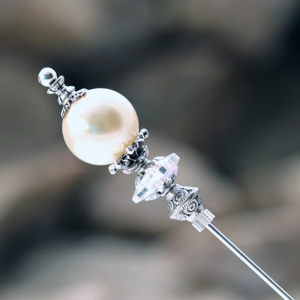 Cream Pearl and Clear Crystal Hat Pin - Choose Your Length - Elegant Womens Hatpins with Clutch