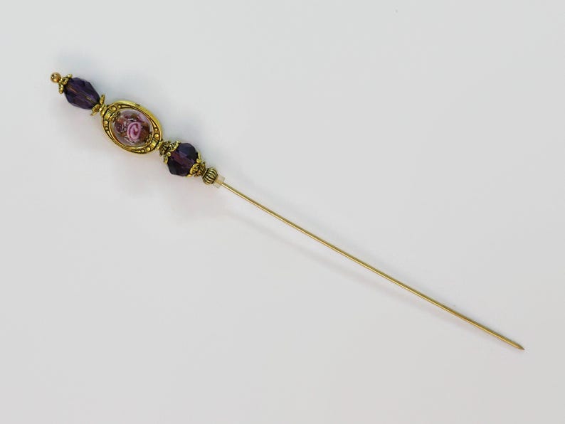 Violet and Pink Lampwork Glass Hatpin with Purple Crystals, Choose Your Length, Hat Pins or Stick Pins for Hats, Coats or Scarfs afbeelding 4