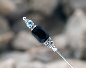 Hat Pin with Black Faceted Glass and Faux Grey Pearl - You Choose Length - Mourning Hatpins with End Cap