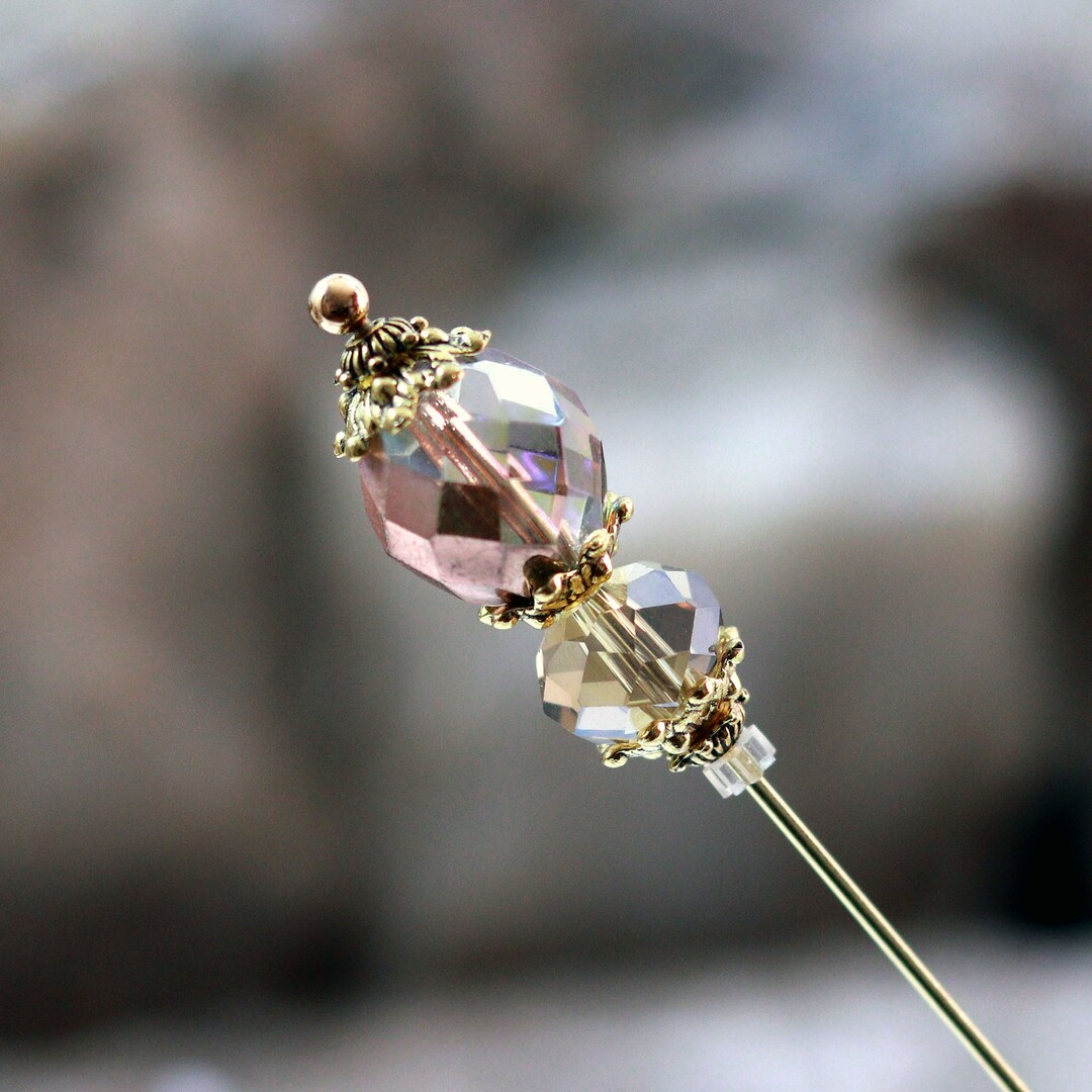 Vintage Style Shimmering Glass Hatpin With Gold Plate Long Womens Hat