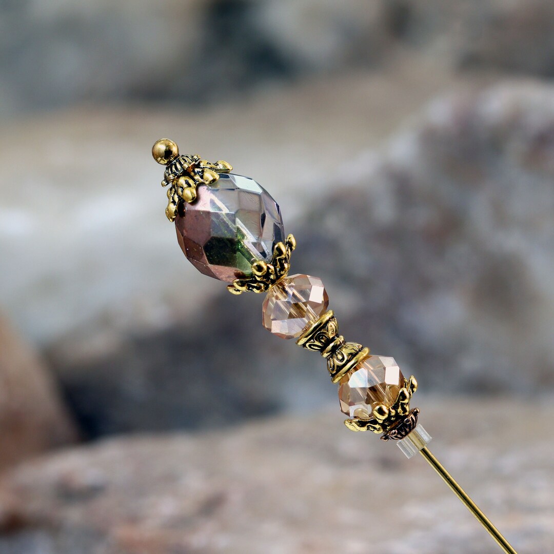 Vintage Style Shimmering Glass Hatpin With Gold Plate Long Womens Hat