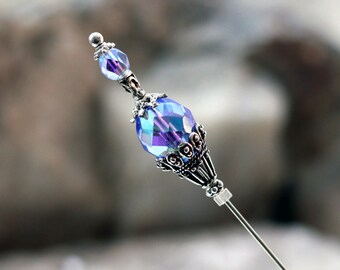 Sapphire Blue Glass and Crystal Hat Pin for Womens Hats - Choose Your Length - Ladies Hatpins or Stick Pins with End Cap