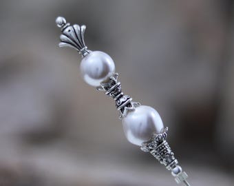 White Pearl Hat Pin with Silver Accents - In Custom Lengths Including Extra Long - Classic Ladies Hatpins with Safety Cap
