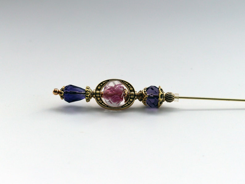 Hat Pin 5 Inch Stainless Steel Violet and Pink Lampwork Glass With