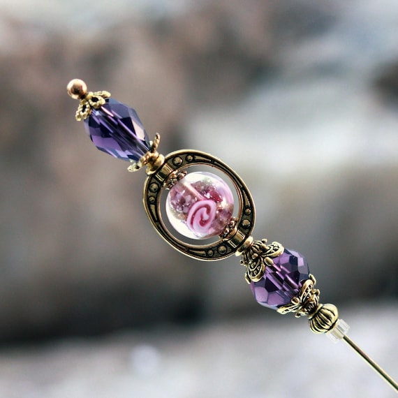 Violet and Pink Lampwork Glass Hatpin with Purple Crystals, Choose Your Length, Hat Pins or Stick Pins for Hats, Coats or Scarfs