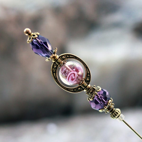 Violet and Pink Lampwork Glass Hatpin with Purple Crystals, Choose Your Length, Hat Pins or Stick Pins for Hats, Coats or Scarfs