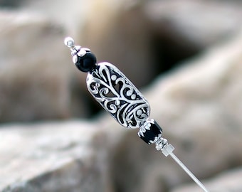 Silver-Plated Hat Pin with Black Onyx and Glass Bead - Choose Your Length - Extra Long Ladies Dress Accessory with End Cap