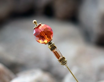 Tangerine Beaded Hatpin with Two-Toned Orange Pink Fine Cut Crystals - Multiple Length Options - Ladies Hat Accessories with Pin Protectors