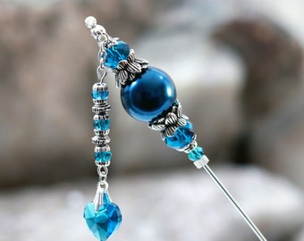 Peacock Blue Pearl and Cut Crystal Dangle Hat Pin with Silver Plated Accents - Choose Your Length - Elegant Womens Hatpins with Clutch