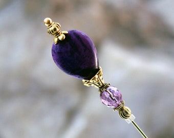 Purple Teardrop Stone and Czech Glass Hat Pin with Gold Plate - Customizable Length - Radiant Accessories for Womens Hats