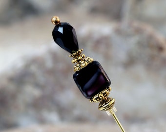 Black Current Glass and Purple Crystal Hat Pin, Gold Plated with Various Lengths Available