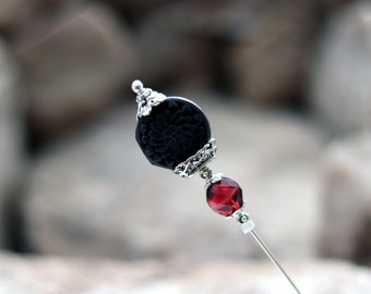 Modern Carved Cinnabar Hat Pin with Cranberry Glass - Choose the Length - Ladies Long Hatpins with Safety Cap