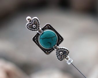 Heart Hat Pin with Turquoise Blue Magnesite Gemstones, You Choose your Preferred Length, Hatpin End Protector Included