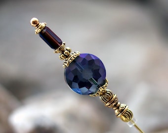 Purple Blue Beaded Hat Pin with Two Toned Fine Cut Crystals, Various Lengths Available, Womens Hatpins with Pin End Caps For Ladies Hats