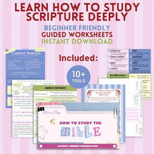 Può includere: Una raccolta di fogli di lavoro stampabili per lo studio della Bibbia con il testo Learn How To Study Scripture Deeply, Beginner Friendly Guided Worksheets, Instant Download e 10+ Tools. Le pagine includono sezioni su contesto, generi biblici, metodi SOAP e preghiera.